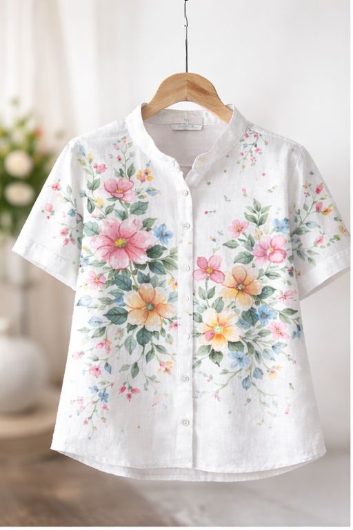 Handmade Floral Painted Cotton Shirt