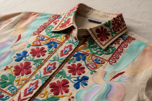 Close-up shot of intricate handmade thread embroidery and hand-painted details on a cotton shirt, sharp focus, realistic texture, soft lighting, premium craftsmanship, e-commerce product photography.